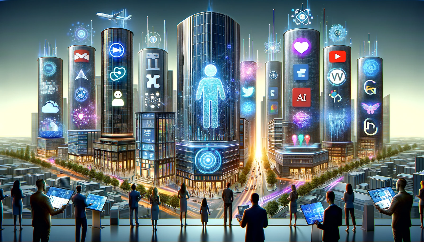 DALL·E-2023-12-07-23.41.51-A-digital-art-illustration-showcasing-the-top-AI-companies-and-their-impact-on-marketing.-The-image-is-a-panoramic-view-of-a-futuristic-cityscape-with